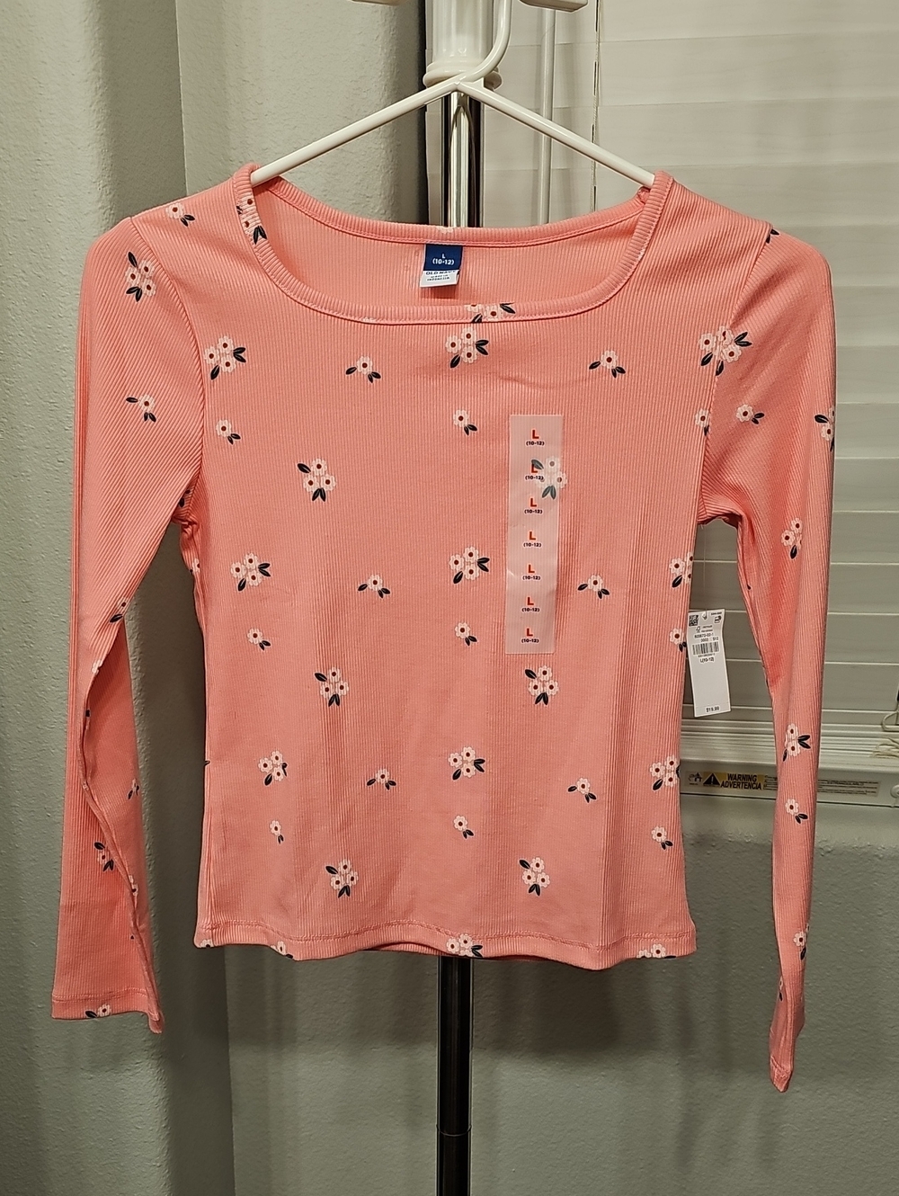 NWT Old Navy Girls Large (10-12) Coral Pink Floral Ribbed Long Sleeve Top